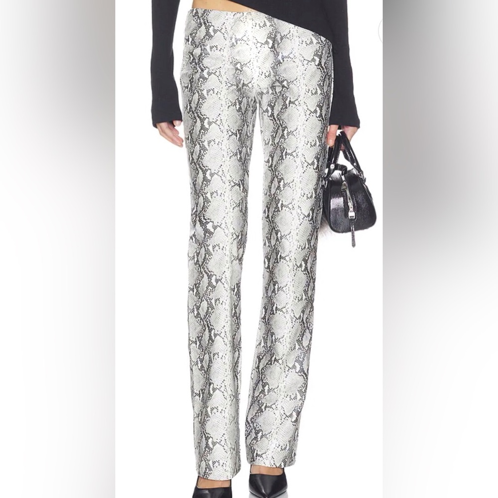White Fox Vegan Leather Silver Gray White Snake-Print Straight-Leg Pants Small